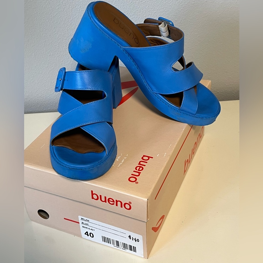 Bueno Leather Heeled Slide Sandals Milan style color blue EU40 US9.5 est 70s mod